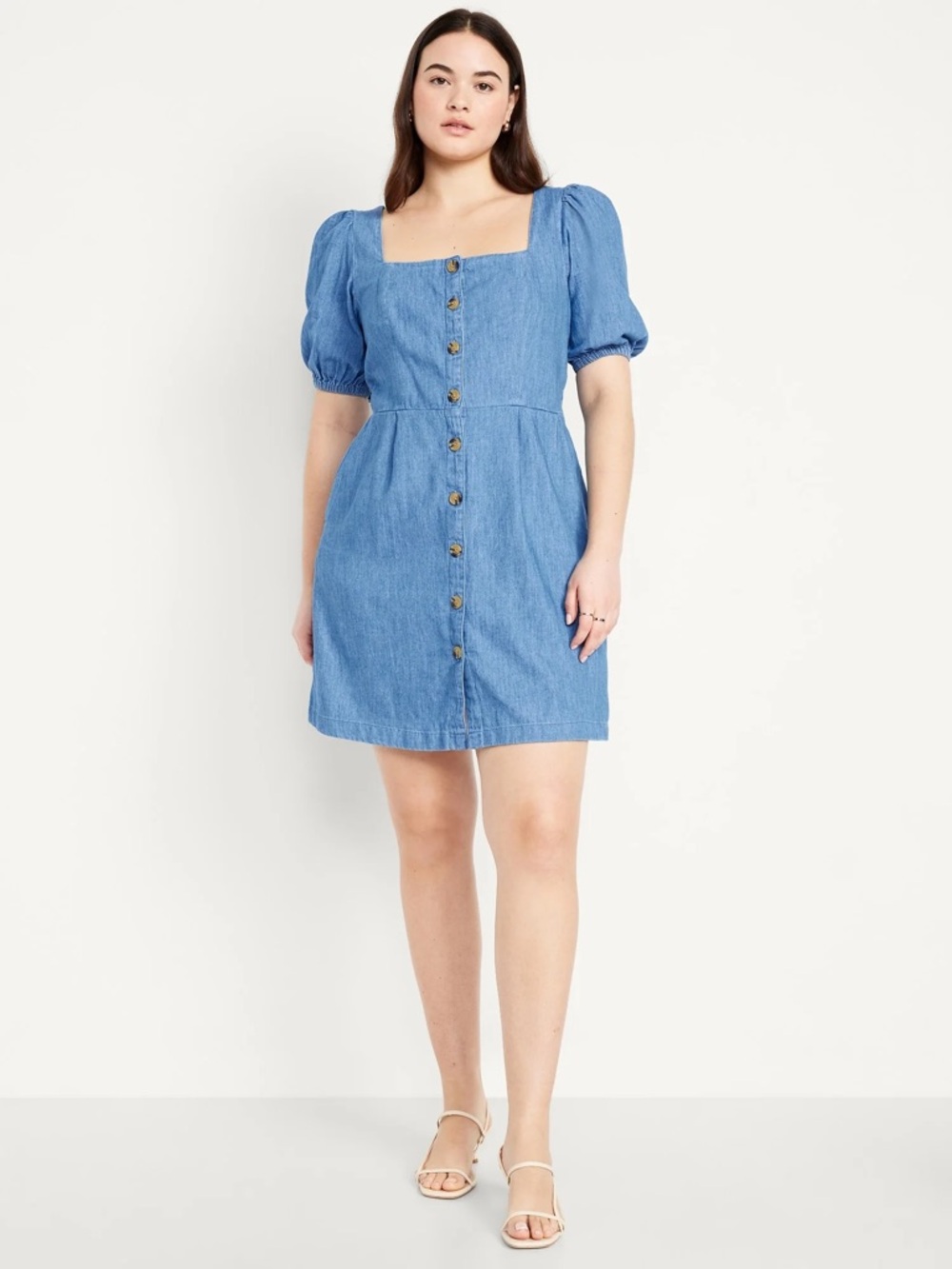 Old Navy Blue Denim Button Down Puff Sleeves Pockets Mini Dress XL PETITE